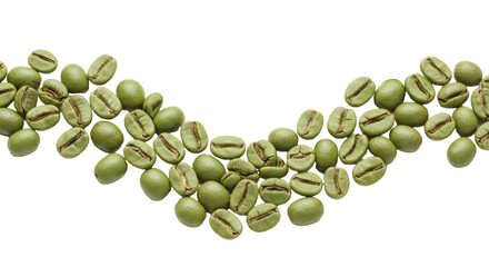 Numerous vibrant green unroasted coffee beans, whole, perfectly formed, detailed texture, arranged in an S-curve on a pristine transparent background with copy space, soft high-key studio lighting,