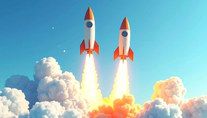 Two white rockets with red fins launching through smoke and fire into clear blue sky.