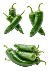 Deep green chili peppers, glossy skin, dew drops, varying sizes, artfully arranged on a transparent background with copy space, soft studio lighting, concept for food advertising