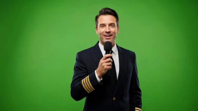 Cheerful male pilot speaking into microphone and looking at camera against green screen for presentation