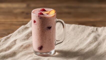 Refreshing Berry Smoothie in a Glass Mug on a White Cloth.