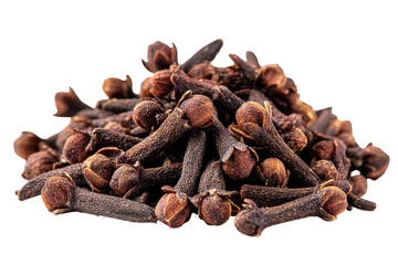 Obraz premium Pile of dried cloves spice isolated on transparent background. Pile of dried cloves spice aromatic isolated on white background.