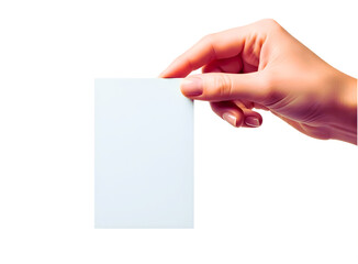 Obraz premium Hand holding a blank white card isolated on transparent background