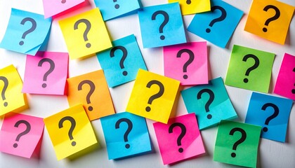 Colorful sticky notes with black question marks scattered on white surface.
