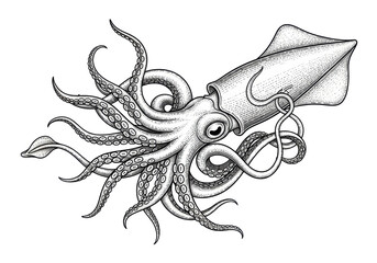 Intricate black and white engraved illustration of gracefully curled squid tentacles with detailed suction cups, on a transparent background with copy space, vintage marine biology concept