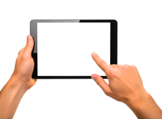 Hands holding and touching a black tablet computer isolated on transparent background