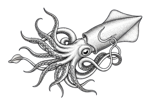 Intricate black and white engraved illustration of gracefully curled squid tentacles with detailed suction cups, on a transparent background with copy space, vintage marine biology concept - Powered by Adobe