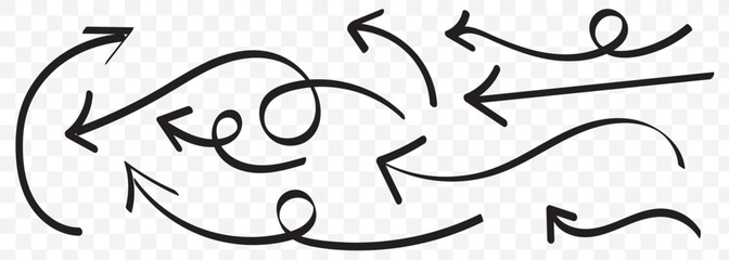 Doddle arrow set. Crayon arrow sketches collection. Hand drawn arrow illustration Straight hand drawn arrow. Pointing right arrow On Transparent Background. EPS 10.