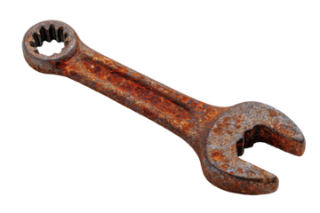 Old rusty wrench isolated on transparent background. Rusted vintage open-ended wrench isolated on white background.