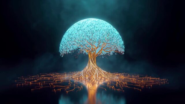 Glowing blue tree with digital circuit roots on reflective floor in dark abstract space