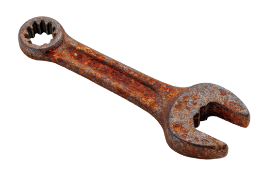 Old rusty wrench isolated on transparent background. Rusted vintage open-ended wrench isolated on white background.