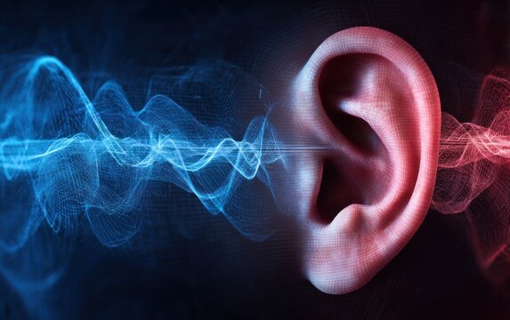 Digital ear receiving abstract sound waves in dark space