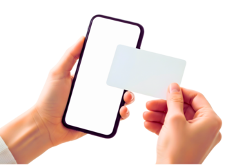 Hand holding smartphone and credit card isolated on transparent background