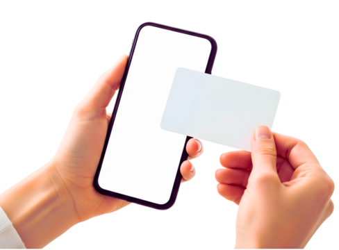 Hand holding smartphone and credit card isolated on transparent background