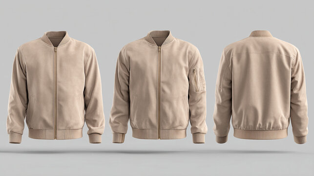 Three views of a beige bomber jacket with ribbed cuffs and collar on a gray background
