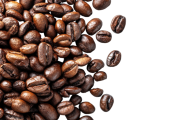 Pile of roasted coffee beans isolated on transparent background. Close up macro shot of roasted coffee beans pile isolated on white background.