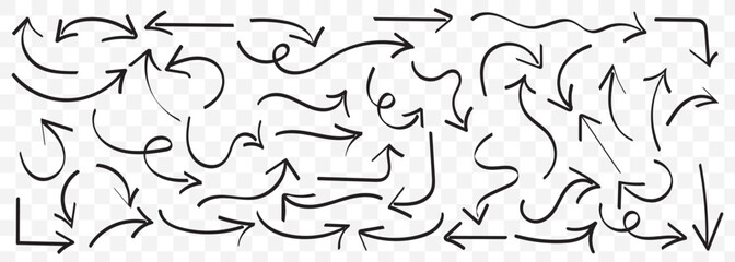 Doddle arrow set. Crayon arrow sketches collection. Hand drawn arrow illustration Straight hand drawn arrow. Pointing right arrow On Transparent Background. EPS 10.