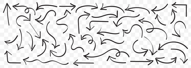 Hand-drawn curved arrows collection, doodle sketch direction elements, swirl pointer symbols for highlights, presentation, notes, and design projects  On Transparent Background. EPS 10.
