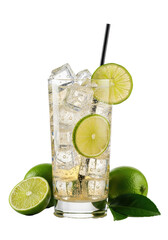 Sparkling highball glass with effervescent ginger ale, crystal-clear ice, lime wedges, black straw, on transparent background, fresh limes and leaf in foreground, concept for beverage advertising