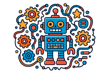 Futuristic Robot Mandala. Toy robot in the middle with gears, buttons, stars, and wires arranged in a futuristic mandala