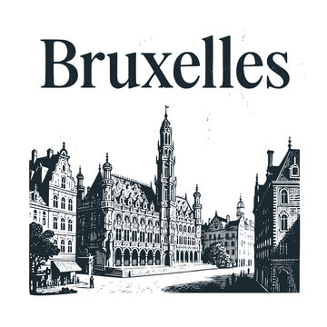 Bruxelles Travel engraved black white illustration	