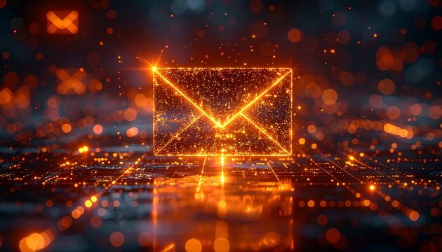 Glowing orange digital envelope on dark cyber background with particles.