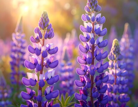 Close-up of vibrant purple flowers with delicate petals in bright sunlight, creating a dreamy, soft-focus effect - Powered by Adobe