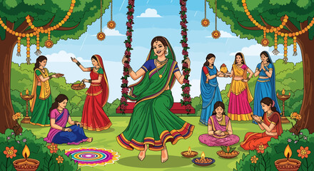 Vibrant Indian women in traditional attire celebrating a joyous festival with swings, diyas, and floral decorations in a lush green park