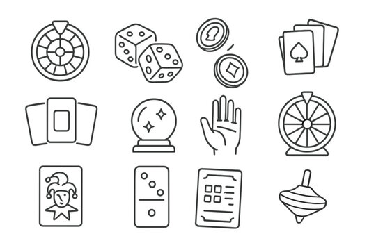 Chances and Mysteries Icons. Line style icons of symbols of chance: roulette wheel, dice pair, coin toss, playing cards; tarot