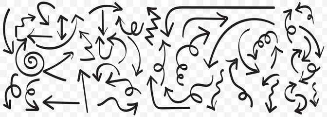 Different hand drawn arrow element collection design 
arrow sketches collection, hand drawn doodle style pointers, curved line, round swirls, black brush stroke. EPS 10.