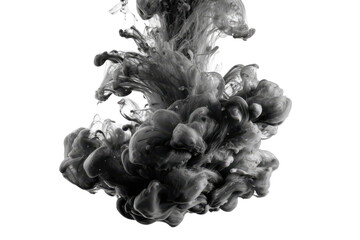 Abstract dark grey ink cloud swirling in water isolated on transparent background. Monochromatic swirling ink cloud abstract fluid dynamics explosion isolated on white background.
