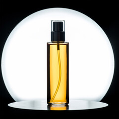 Fototapeta na wymiar Amber Oil Spray Bottle Mockup with Dramatic Circular Spotlight Effect