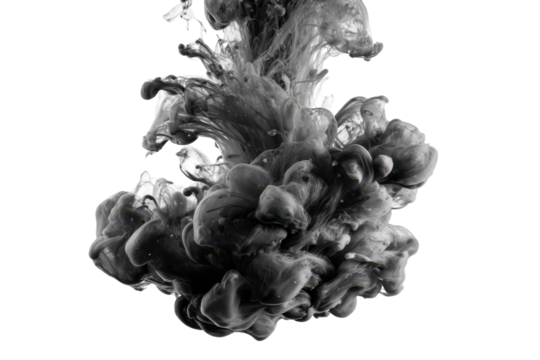 Abstract dark grey ink cloud swirling in water isolated on transparent background. Monochromatic swirling ink cloud abstract fluid dynamics explosion isolated on white background.