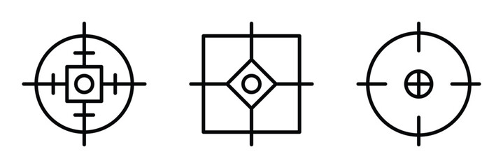 Target icons. Focus symbol in circle. Isolated gun shoot aim set. Bullseye vision collection. Round aiming focus. Gun sight crosshairs. Vector crosshair set.