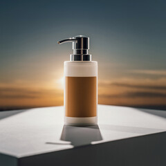 Minimalist Lotion Pump Bottle Mockup with Warm Sunset Horizon Background