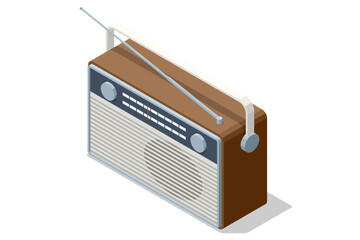 Isometric mid-century vintage tabletop radio, classic retro device for music, news broadcast Vintage analog radio device representing classic communication, nostalgic design from the mid-20th century