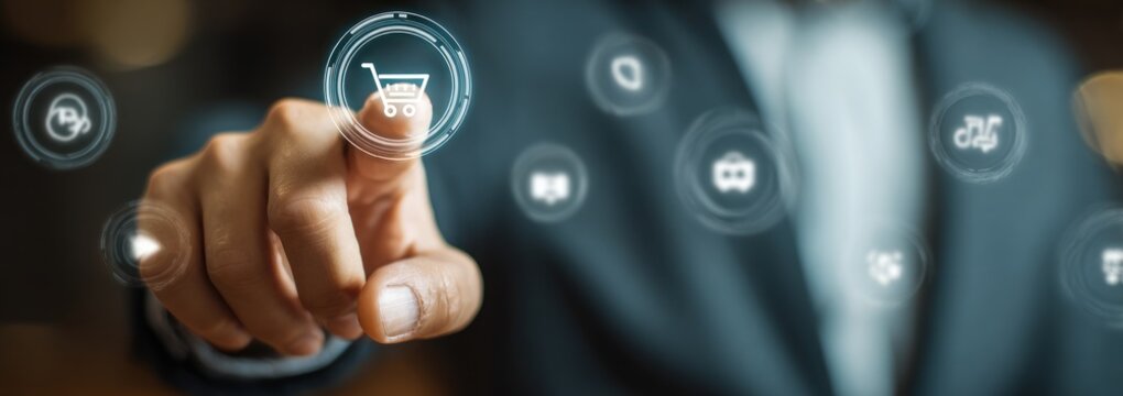 Finger touching glowing shopping cart icon on dark background interface