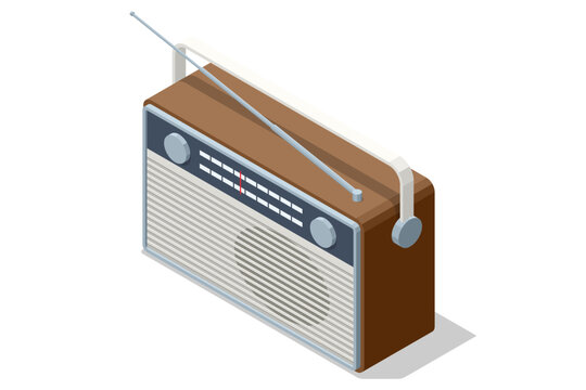 Isometric mid-century vintage tabletop radio, classic retro device for music, news broadcast Vintage analog radio device representing classic communication, nostalgic design from the mid-20th century