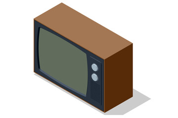 An isometric illustration of a vintage television set with rabbit ears antenna, symbolizing retro broadcast entertainment and 80s-90s home media
