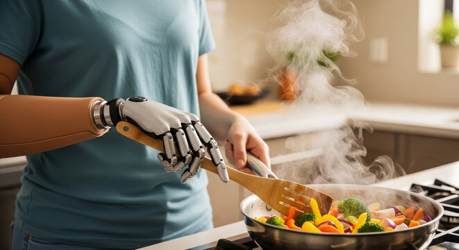 Person with a bionic prosthetic arm cooks vegetables in a steaming pan, highlighting independence and technology's role in daily life