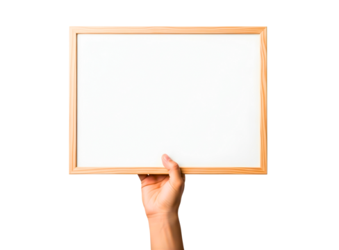 Hand holding a blank square wooden frame isolated on transparent background
