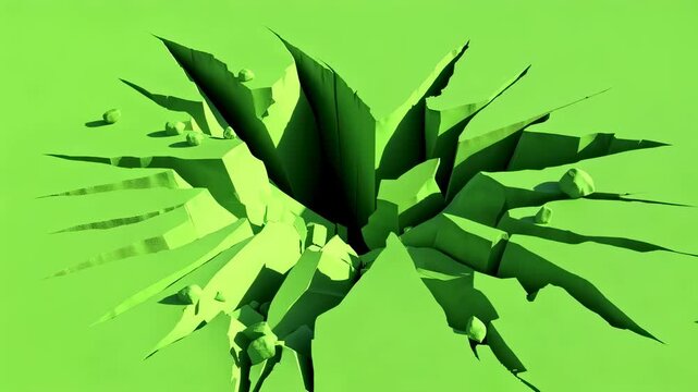 Expanding ground crack with flying debris effect on green chromakey background, for film and video transitions