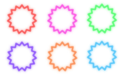 Stars circle outline neon light frame, set of colorful shaped object elements isolated on white background