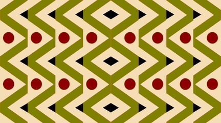 An abstract geometric pattern featuring repeating zigzags in green, interspersed with red oval shapes and small black diamond elements.