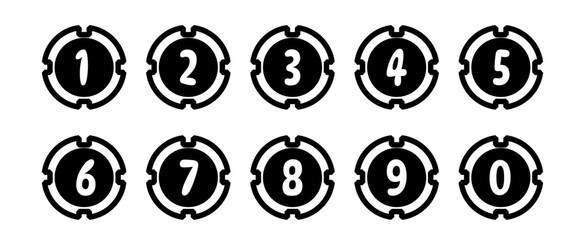Number points from 0 to 9. Number markers, tag icons, steps. Black colored number vector set.