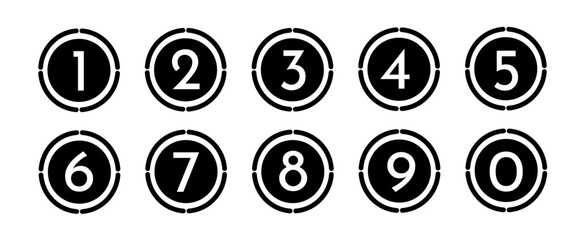 Number points from 0 to 9. Number points. Number markers, steps. Set of black number vectors.