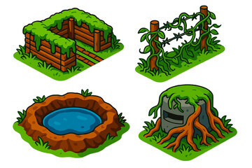 Overgrown Battlefields. Isometric vector illustration set Overgrown War Zones: Trenches with moss, barbed wire hidden in vines,