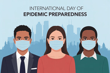 Diverse group wearing face masks to raise awareness for International Day of Epidemic Preparedness, promoting health and safety in a globalized world