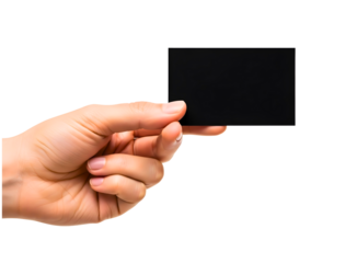 Hand holding a black card isolated on transparent background