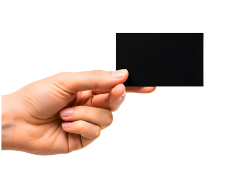 Hand holding a black card isolated on transparent background